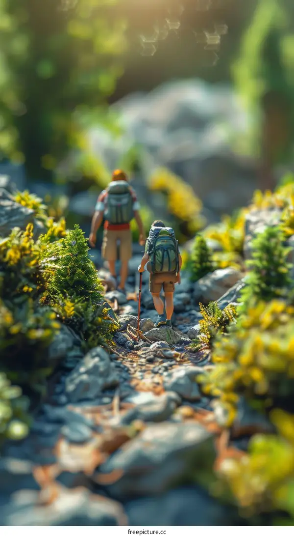 Two hikers on a rocky path in the forest
