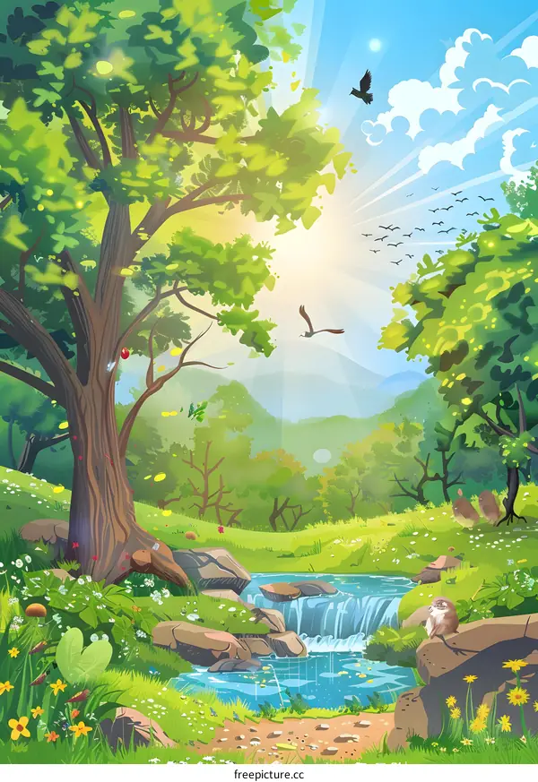 Green Forest Landscape With Stream and Waterfall