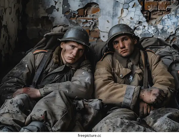 Two soldiers in a ruined building