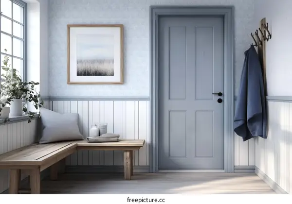 Cozy Entryway with Wooden Bench and Artwork