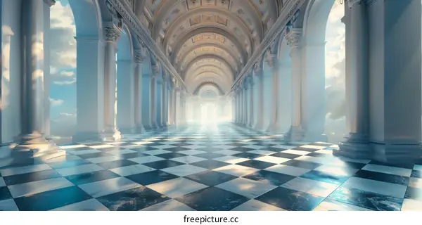 Majestic Ancient Corridor with Cloudy Sky