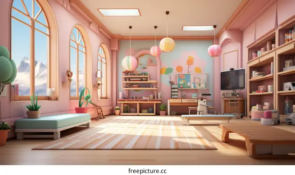 A classroom with pink walls and large windows