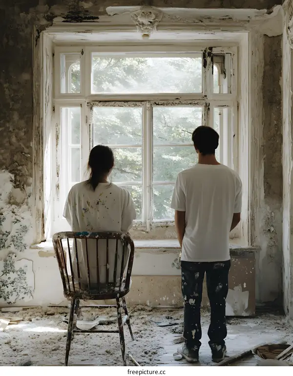 Two People Looking Out a Window in an Abandoned Building