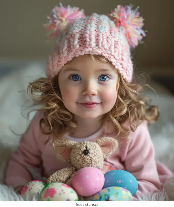 Little girl in a pink hat with a bunny and Easter eggs