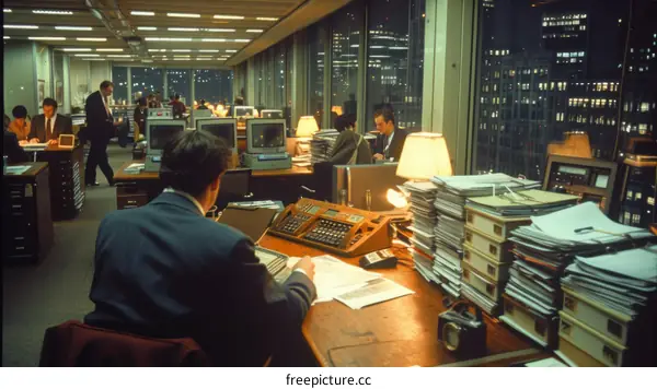 A group of people working in an office at night
