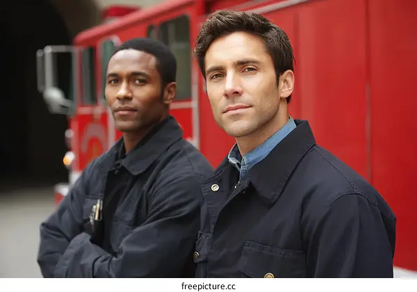 Two firefighters in front of a firetruck