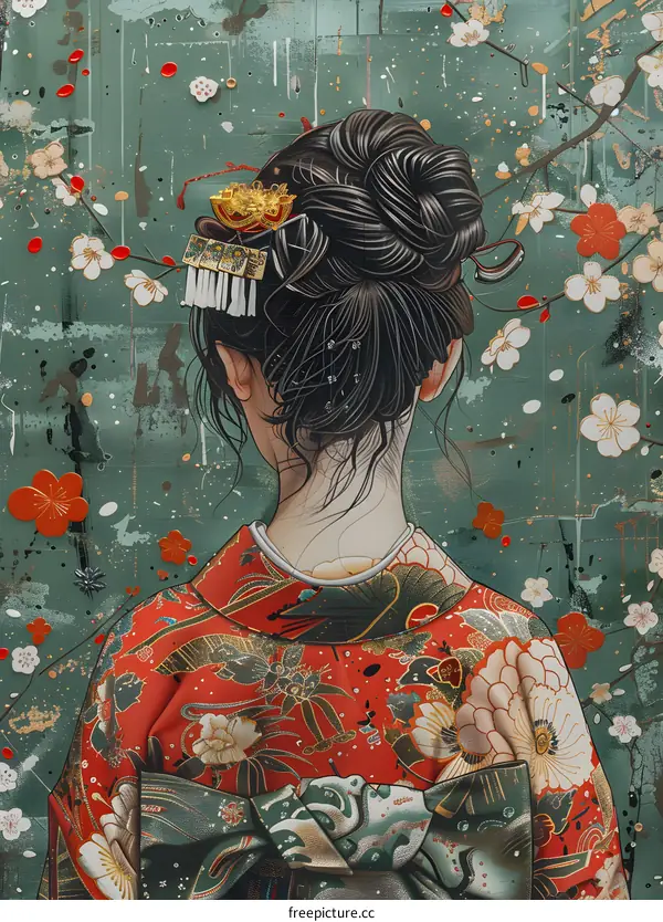 An illustration of a woman wearing a kimono with a floral pattern and a large red bow in her hair. The background is green with white and pink flowers.