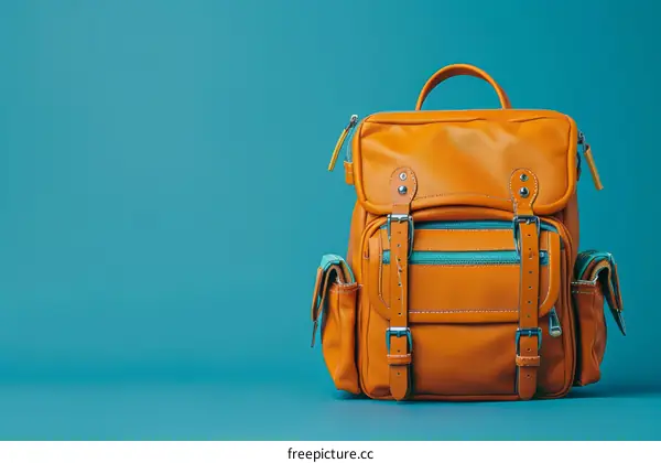A stylish brown leather backpack against a blue background