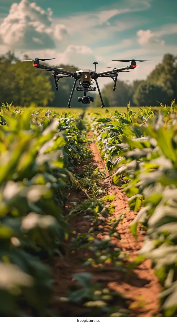 A drone is flying over a lush green field capturing images of the plants growing in neat rows