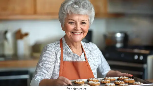 Senior Woman Baking Delicious Cookies in Kitchen