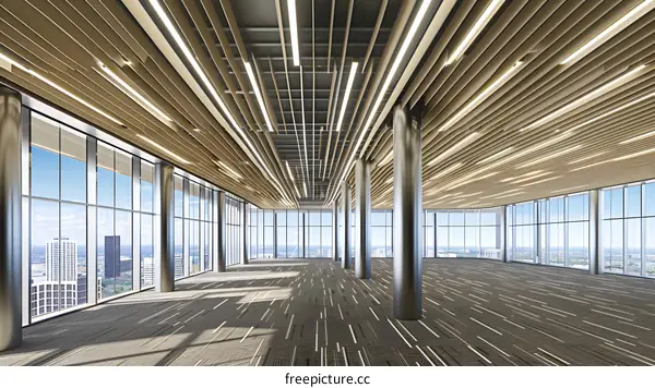 Modern Office Building Interior with Large Windows and City View