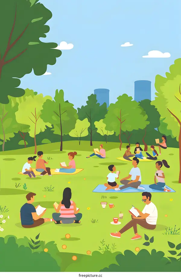 Group of People Reading in a Park Illustration