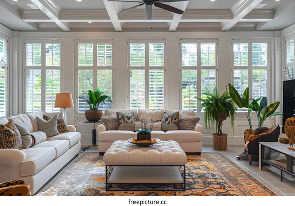 Bright living room with white walls and large windows
