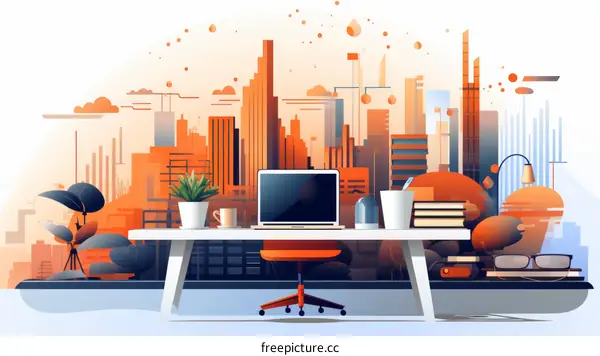 Illustration of a desk in front of a cityscape