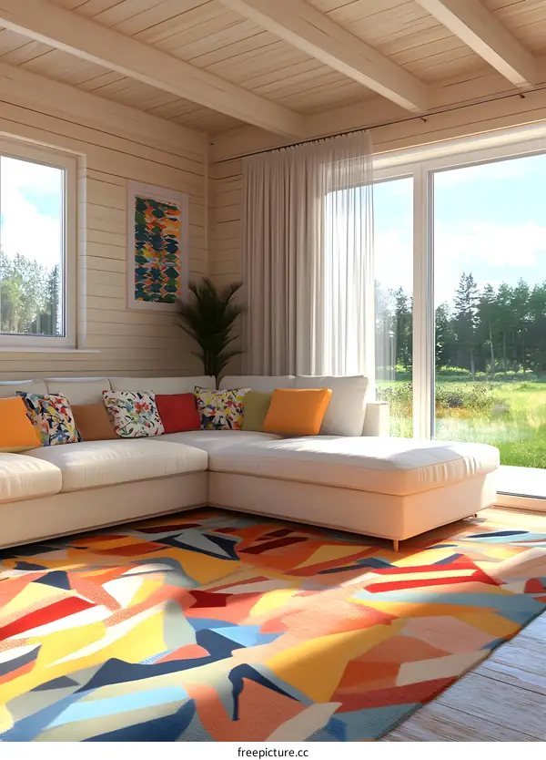 Modern Living Room with Large Sectional Sofa and Geometric Rug