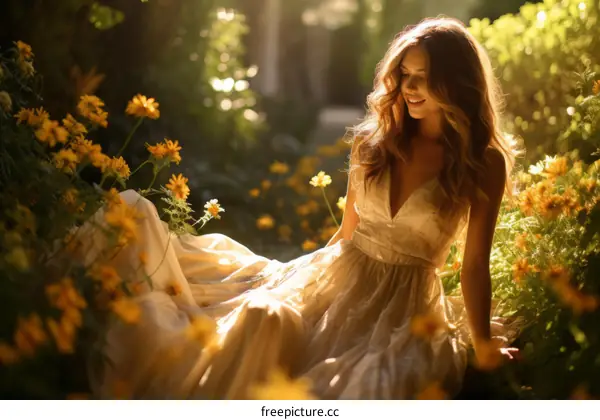 An ethereal garden goddess in a field of golden blooms