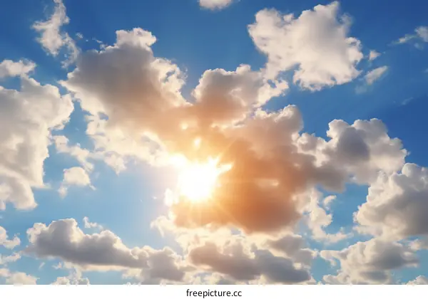 Sun shining through white clouds in blue sky
