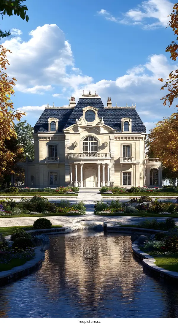 French Style Mansion with Pond and Garden