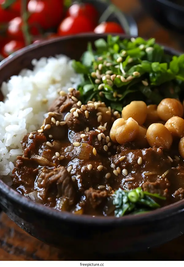Close Up Of Beef Curry With Chickpeas And Rice