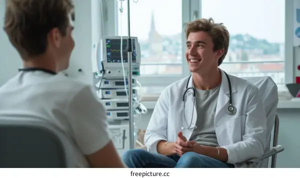 Young male doctor talking to patient in hospital room