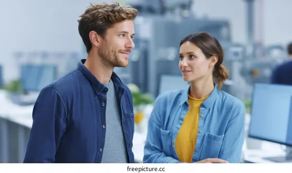 Two Colleagues Having a Discussion in Modern Office Setting