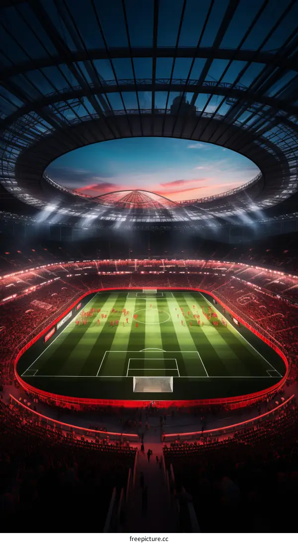 An illustration of a soccer stadium with red glowing lights