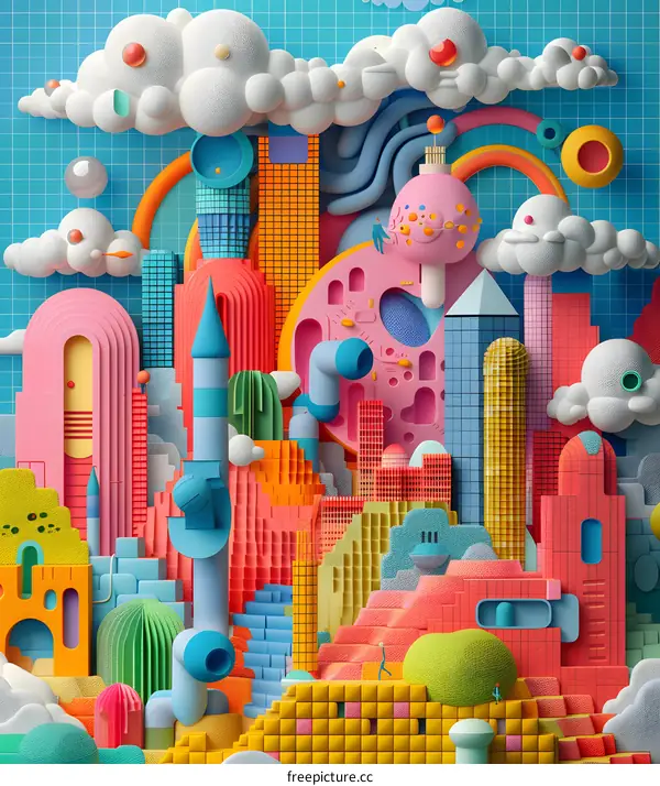 Abstract 3D Cityscape with Geometric Shapes and Colorful Buildings