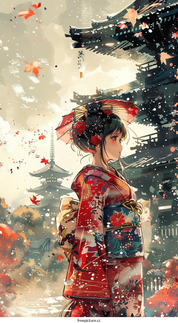 A woman wearing a kimono is standing in a snowy forest.