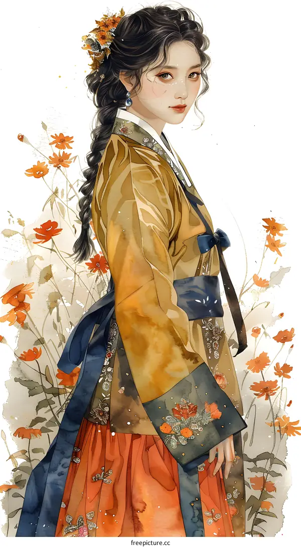 Watercolor Illustration of a Woman in a Hanbok with Flowers