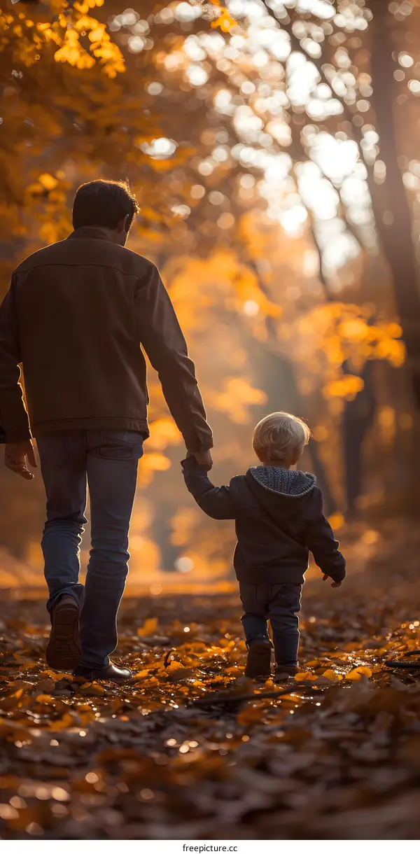 Father and son holding hands in the woods during fall