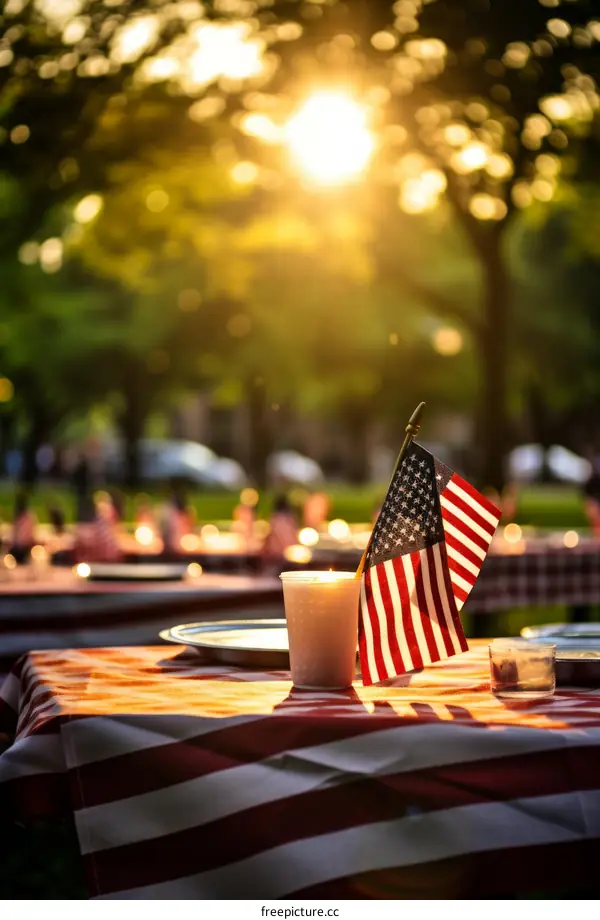 American flag on a table set for a picnic in the park