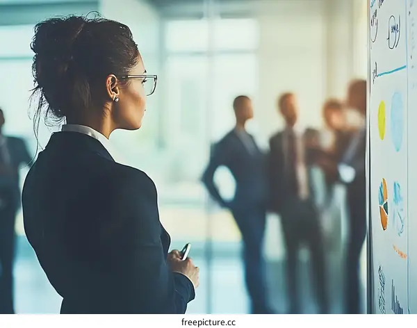 Businesswoman Standing in Front of Whiteboard with Charts and Graphs