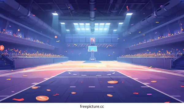 Basketball court with confetti falling from the ceiling