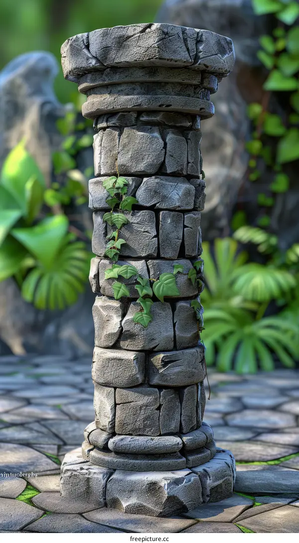 Ancient Stone Pillar Overgrown with Lush Green Ivy