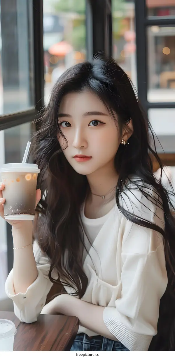 Portrait of a Young Woman Holding a Cup of Coffee in a Cafe