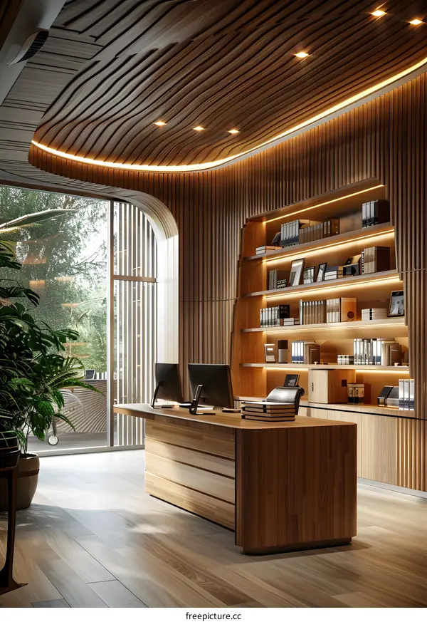 Modern office interior design with wooden slat ceiling and walls
