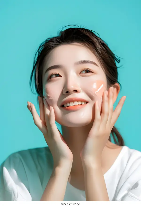 Asian Woman Applying Facial Cream with a Smile