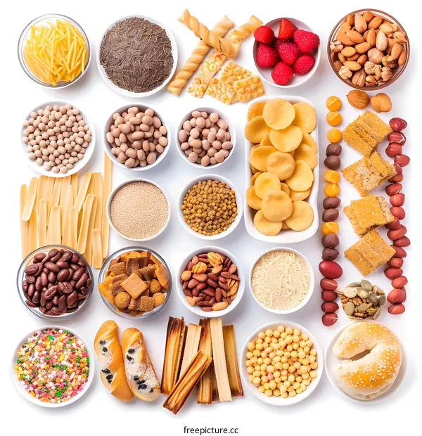 Assortment of Food Items in Bowls and Plates on White Background
