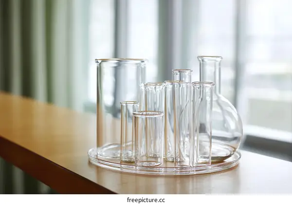 Clear Glass Laboratory Equipment on Wooden Table