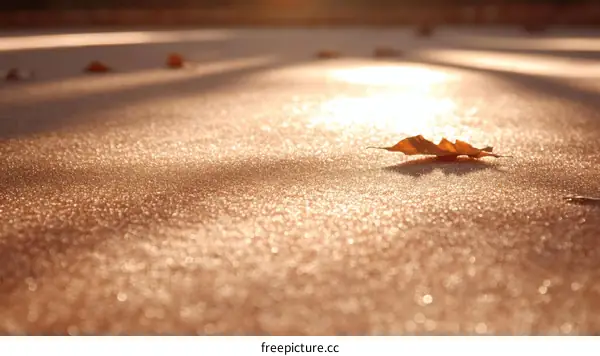Frozen Autumn Leaf on Iced Ground