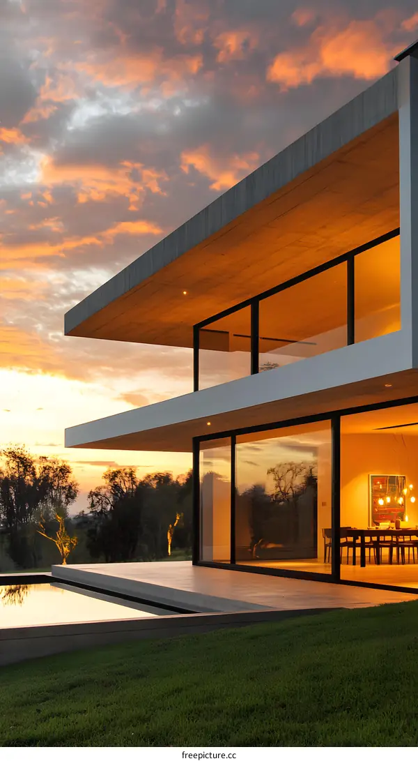 Modern Architecture House with Pool and Sunset Sky