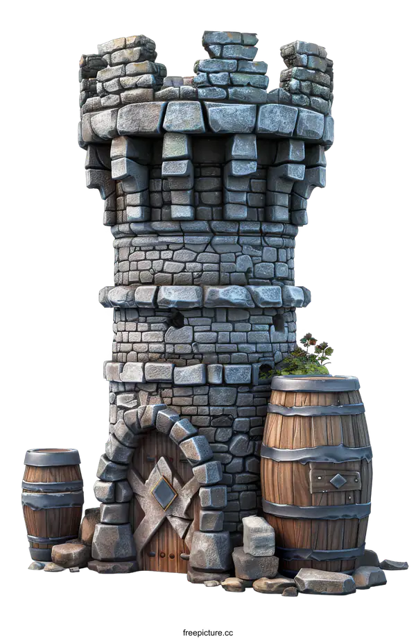 [Transparent Background PNG]A stone tower with a door and two barrels next to it.