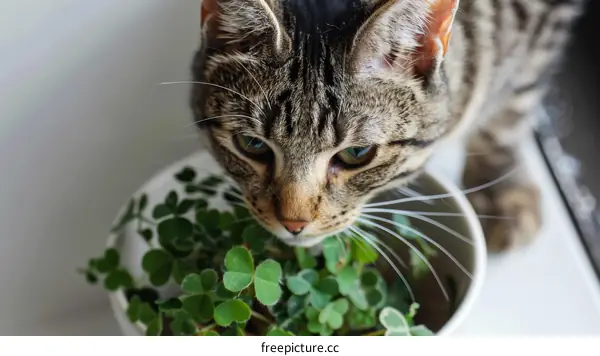 A cat sniffing a potted plant