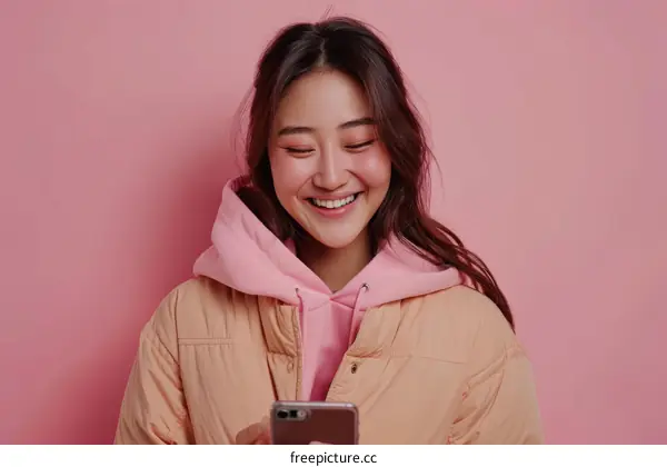 Cheerful Asian woman in casual outfit using smartphone