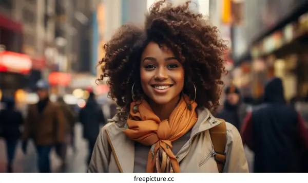 Portrait of a young woman with curly hair smiling in the city