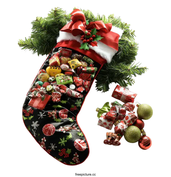 [Transparent Background PNG]Christmas Stocking Filled with Holiday Treats