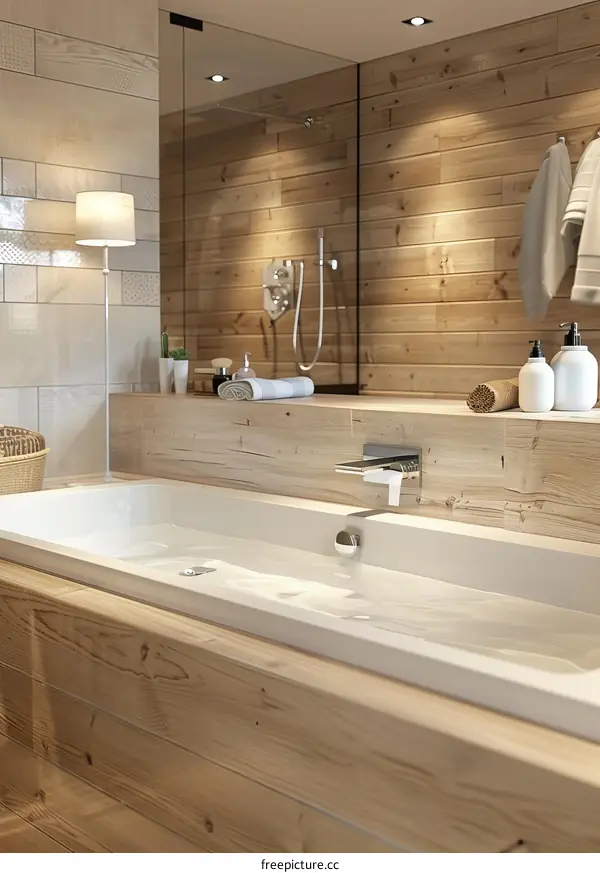 Modern Wooden Bathroom with Bathtub and Shower