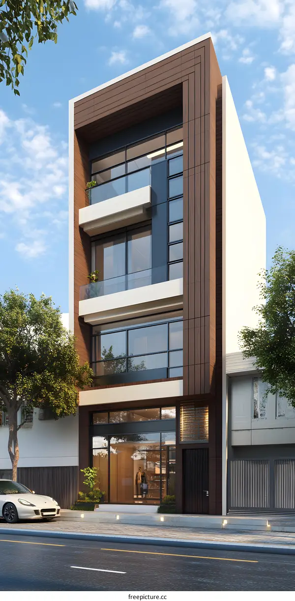 Modern Minimalist Building Design With Glass Windows and Wooden Panels