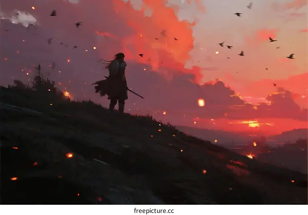 Silhouette of a Warrior Standing on a Hill at Sunset