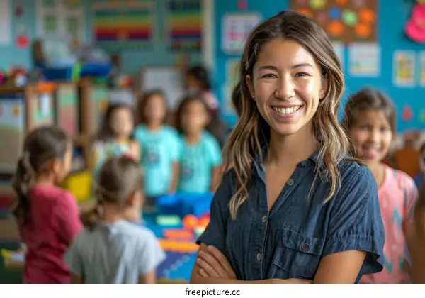 A smiling teacher standing in a classroom with her arms crossed.
